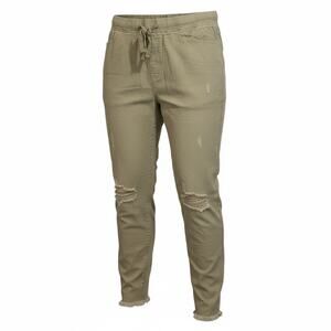 High Rise Jogger Pants Women’s XL Khaki Distressed Stretch Drawstring NEW